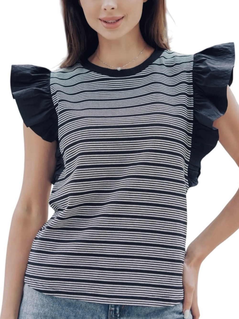 Strut & Bolt Striped Ruffle Sleeve Top Mixed Media Boho Knit Blouse S Boho Chic